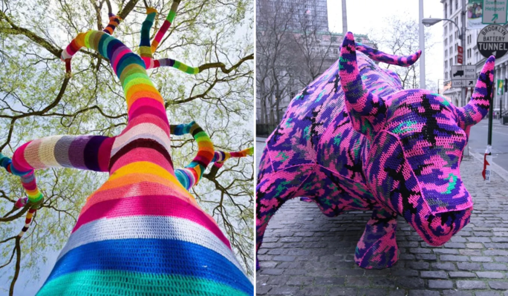 tree trunk yarn bombed.

bull statue yarn bombed.