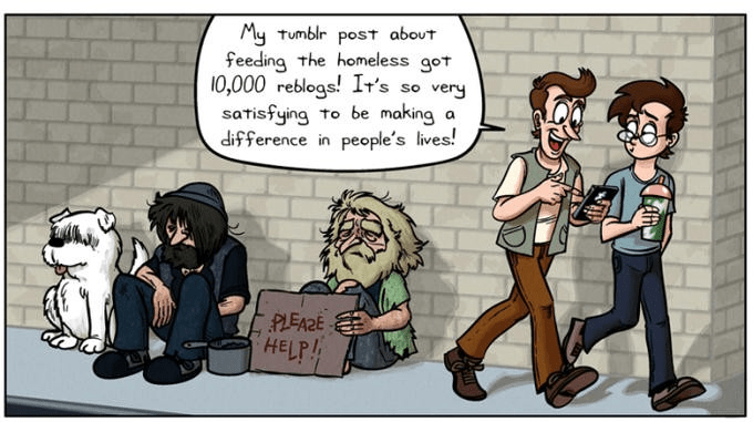 this is a cartoon detailing the influencer tendency to virtue signal through filming good deeds, therefore nullifying them.